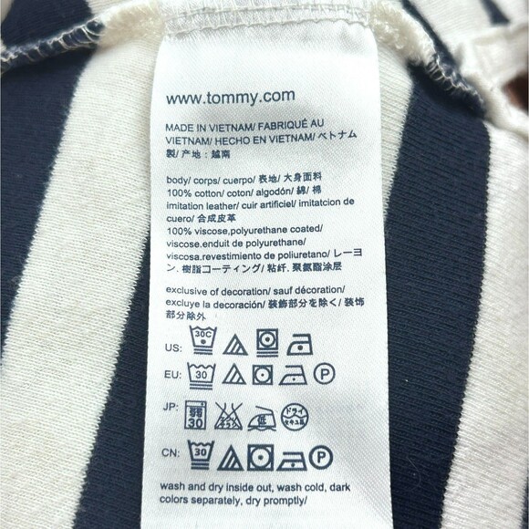 Tommy Hilfiger L Knit Top Faux Leather Yokes Navy Blue White Stripes 3/4 Sleeve - Picture 7 of 8